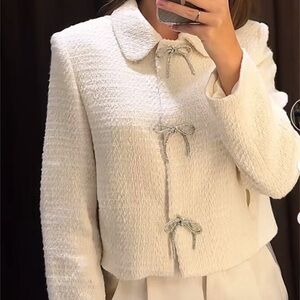 Zara tweet Cream Women's Blazer with silver Bow Accents